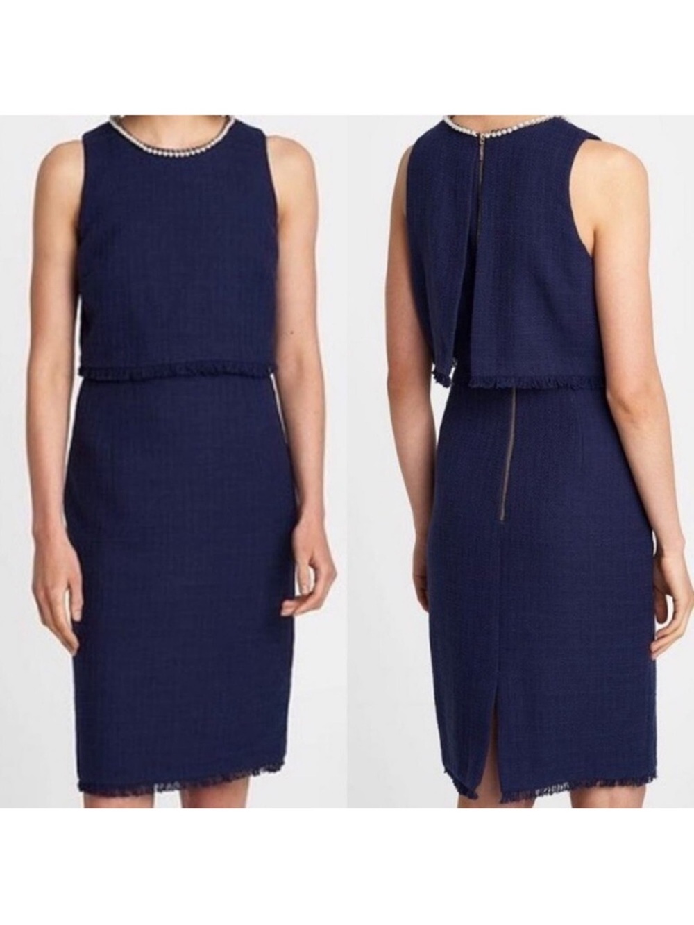 Karl Lagerfeld Navy Tweed Pearl Neck Shift Dress